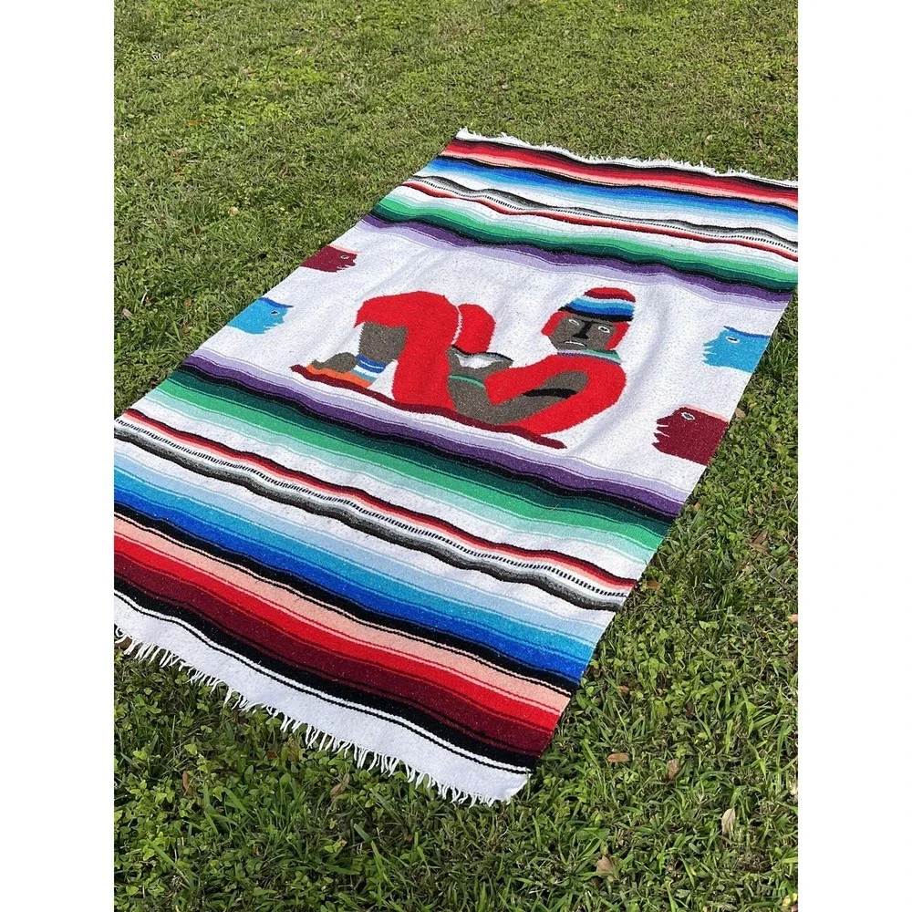 Vintage Wool Multicolor‎ Aztec Striped Throw Blanket 77